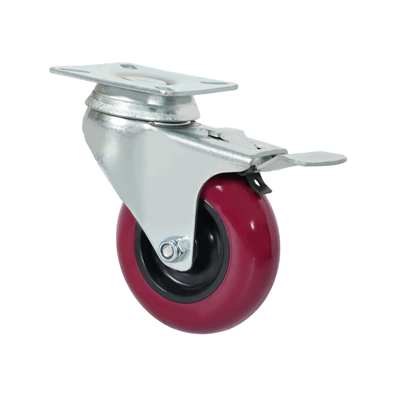 3寸平板PU红色脚轮带刹车